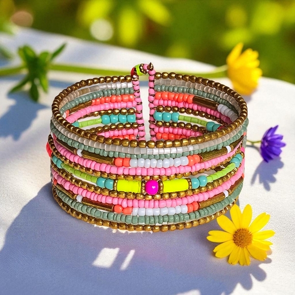🆕️ Boho Chic Indian Artisanal 🌷Neon-Pastel Beaded Handcrafted Stacked Bracelet - Picture 10 of 14